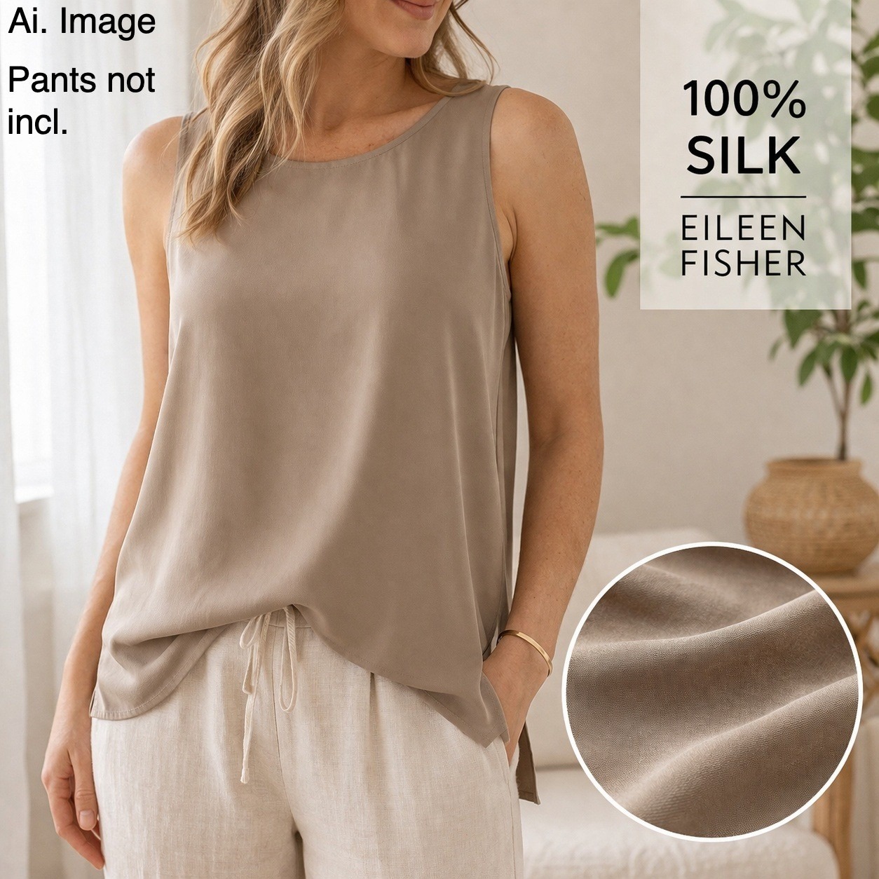 Eileen Fisher Silk Tank Top Xxs Taupe Sleeveless Minimal Layering Tunic Capsule